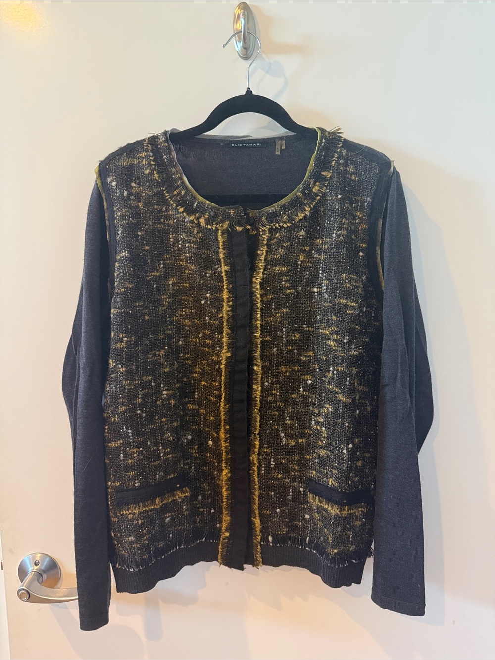 Elie Tahari Grey and Gold Tweed Cardigan